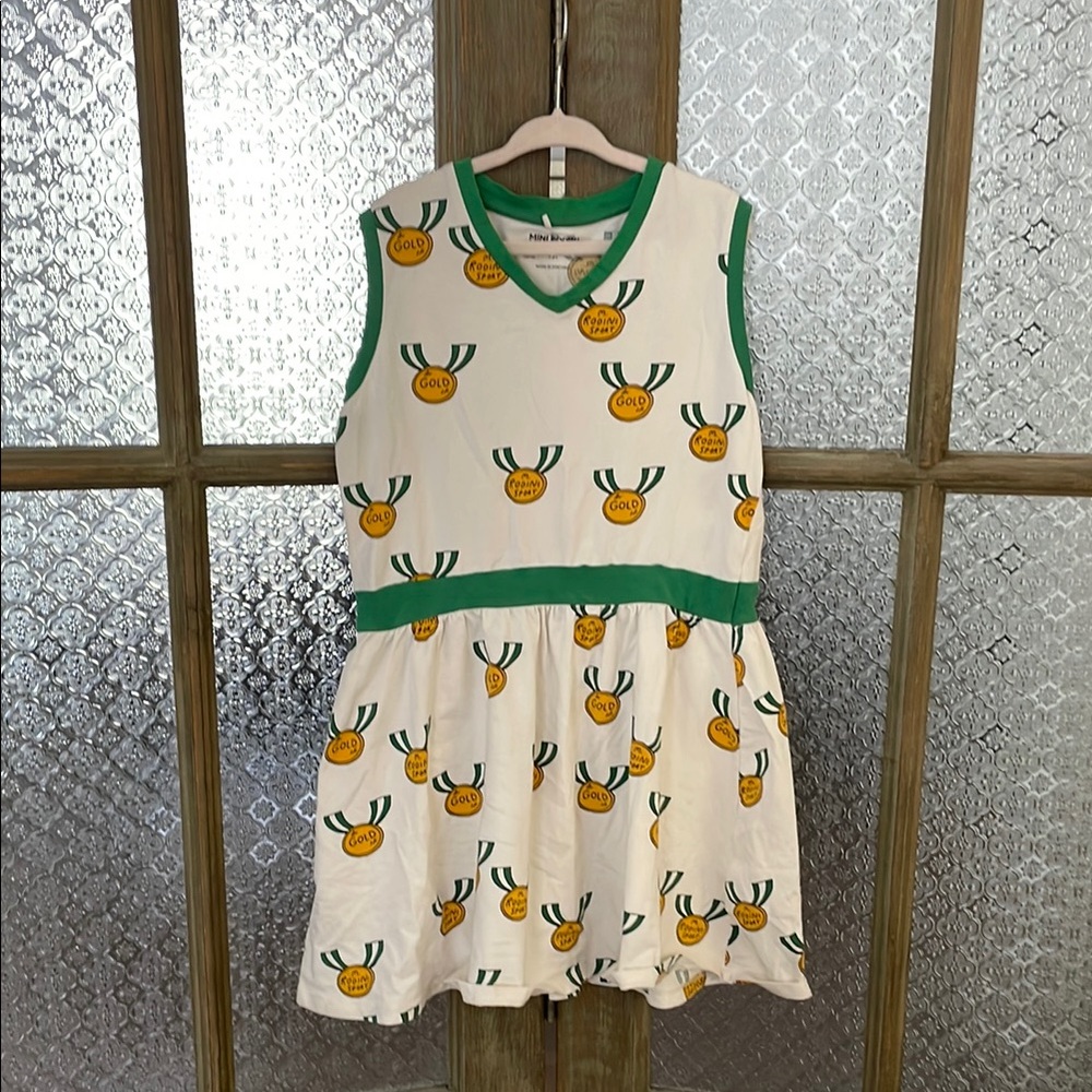 Mini Rodini Green and White Gold Medal Girls Dress - Size 7-9Y